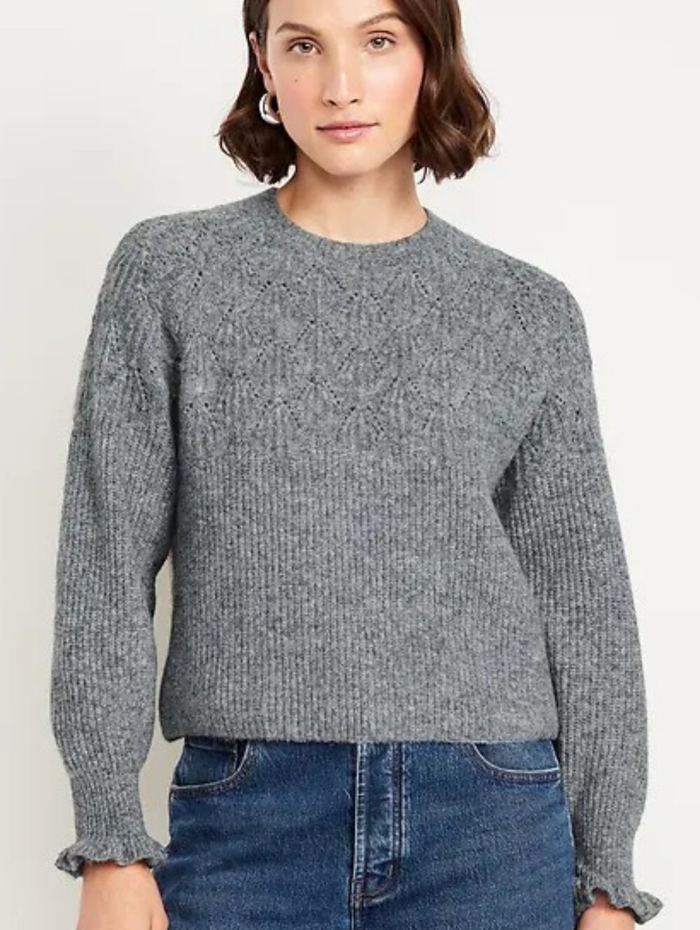 NWT - Old Navy Loose Crew Neck Cropped w Ruffled Cuffs Gray Sweater-Size XL TALL